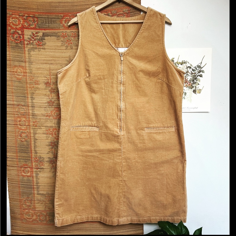 Vintage Tan Corduroy Mini Dress with Front Zip